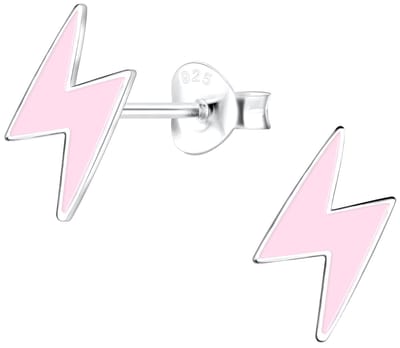 Joy|S - Zilveren bliksem oorbellen - 8 x 11 mm - roze - oorknoppen met vlindersluiting