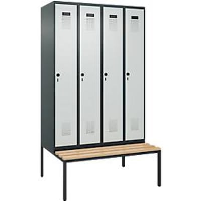 C+P Evolo Plus garderobekast, 4 vakken, 300 mm vakbreedte, met bank eronder, B 1200 x D 815 x H 2120 mm, draaischroef, antracietgrijs/lichtgrijs