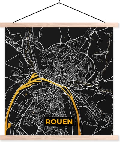 Posterhanger incl. Poster 40x40 cm - Schoolplaat - Rouen - Kaart – Plattegrond – Frankrijk – Stadskaart - Textielposter - Blanke latten - Stadskaart