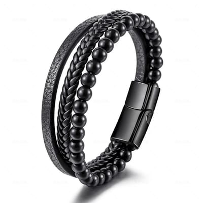 Heren Armband Leer - Zwart met Zwarte Kralen - Armbanden - Papa Cadeau Voor Mannen - Vaderdag