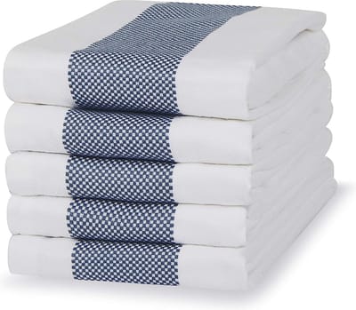 Set van 5 Absorberende Katoenen Keukenhanddoeken - Blauw met Dubbele Streep - 50 x 70 cm