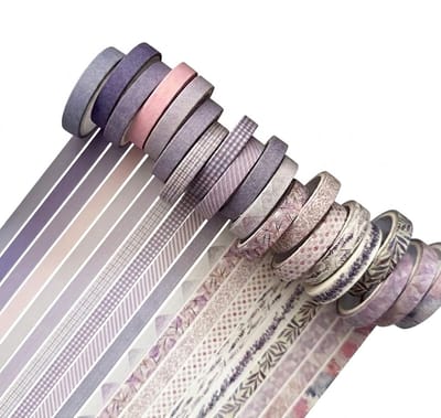 Paars washi tape set decoratie tape beide 20 rollen dunne tape met patronen en effen designs voor planners scrapbooking knutselen journaling creatieve hobby accessoires