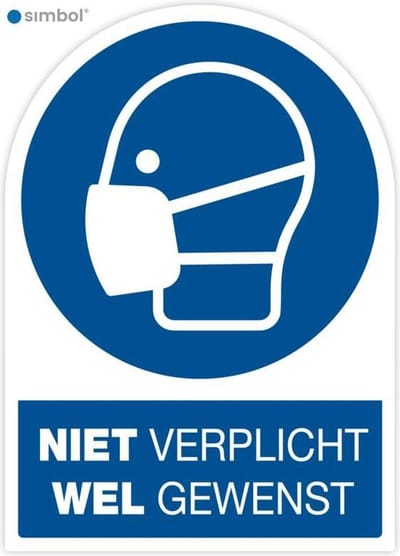 Simbol - Stickers Gebruik Mondkapje Niet Verplicht Wel Gewenst - Corona Stickers - Duurzame Kwaliteit - Formaat 20 x 28 cm.