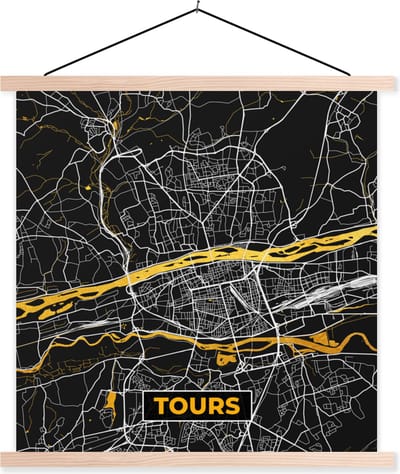Posterhanger incl. Poster 40x40 cm - Schoolplaat - Kaart – Stadskaart – Tours - Plattegrond – Frankrijk - Textielposter - Blanke latten - Stadskaart