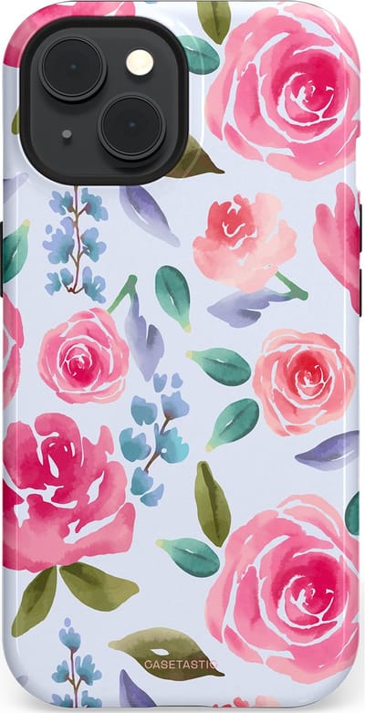 Casetastic hoesje geschikt voor Apple iPhone 15 - MagSafe - Dubbellaagse bescherming - Aquarel Bloemendroom - Fashion Case - Lichtblauw Lichtroze