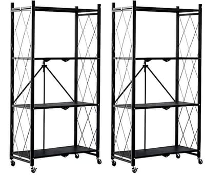 FOXSPORT Inklapbare plank kast - 2 stuks - Stellingkast Met 360° wielen - 4 laags 72x37x124CM - Open Vakkenkast - Wandkast - Keuken Organizer - Keuken Opslag - Boekenkast - Opbergrek Magnetron - Keukenrek - Roestvrij Staal - Zwart - Set van 2