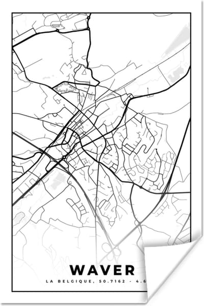 Poster Plattegrond – Waver – Zwart Wit – Stadskaart - Kaart - België - 120x180 cm XXL