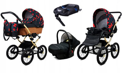 BabyLux® Kinderwagen 4in1 - CLASSIC GOLD - RED BOW SILVER FRAME - Opklapbare Wandelwagen incl. Reiswieg, Multifunctionele Buggy Sportstoel, Autostoel, ISOFIX basisstation - Combi-kinderwagen met Luiertas, Regenhoes, Klamboe