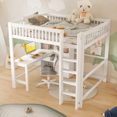 DESMIU Hoogslaper 140x200 cm - Hoogslaper Met Bureau En Opbergruimte - Trap En 3 Lades - Voor Kinderkamer En Slaapkamer - Grenenhout En MDF - Wit - Zonder matras