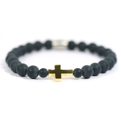Heren armband Goud RVS kruis edelsteen matte onyx - IbizaMen -20cm