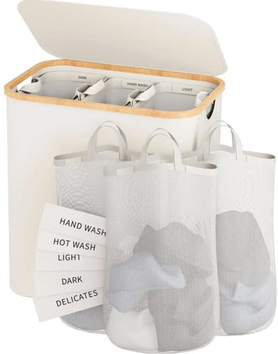 Velmio Wasmand - 160L - Slanke Wasbox - Afneembare En Wasbare Binnenzak - 75x37x57cm - Oxford Stof/Bamboe - Beige