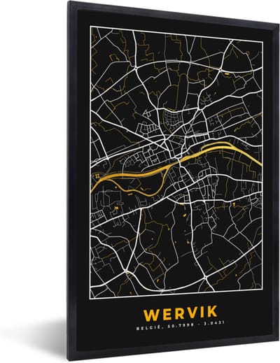 Fotolijst incl. Poster - Wervik - Plattegrond - Kaart - Goud - Stadskaart - 40x60 cm - Posterlijst