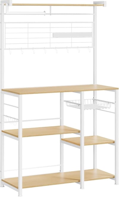 FurnStar - Keukenrek - Staand rek - Werkblad keuken - Keukeneiland met magneetstrip voor messen - Draadmand - Keukenrolhouder - 12 haken - Ebbenhout - Wit