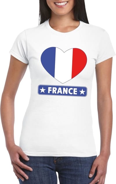 Frankrijk t-shirt - met hartjes vlag print - wit - voor dames - korte mouwen - landen supporters S