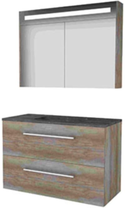 Basic-Line Premium 46 Badkamermeubelset - 100 x 46 cm - Met Grepen - 2 Lades - Hardstenen Wastafel - 1 Kraangat - Spiegelkast met LED Verlichting - Scotch Oak