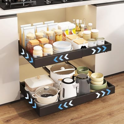 2 Packs Uittrekbare Lade Organizers met Zelfklevende Bevestiging, 3 Glijdende Rails voor Keukenladen, Geen Boren Nodig voor Keuken en Opbergruimte