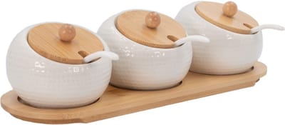Intirilife Set van 3 porseleinen kruidenpotjes, suikerpot - Wit - Bruin met deksel en lepel - 30.5 x 12 x 8.5 cm - Schaal, pot, dispenser met tablet voor keuken, eettafel, enz.