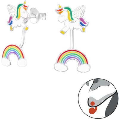 Joy|S - Zilveren eenhoorn regenboog oorbellen - ear jacket - 10 x 19 mm - unicorn - kinderoorbellen