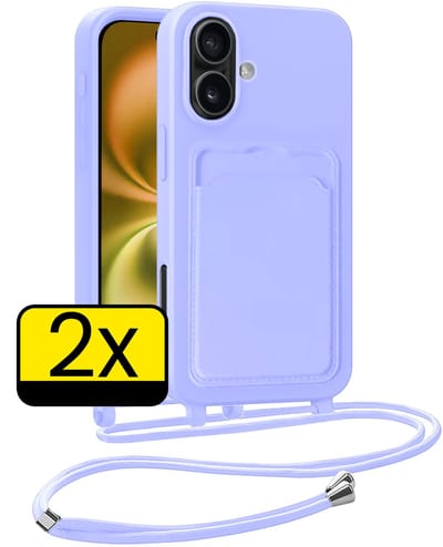 Hoesje Geschikt voor iPhone 16 Plus Telefoonhoesje Met Koord Case Pashouder Siliconen - Hoes Geschikt voor iPhone 16 Plus Hoesje Met Kaarthouder - Lila - 2 Stuks