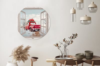 WallCircle - Wandcirkel - Muurcirkel - Auto - Rood - Cadeaus - Winter - Kerst - Doorkijk - Wit - Aluminium - Dibond - 90x90 cm - Binnen en Buiten