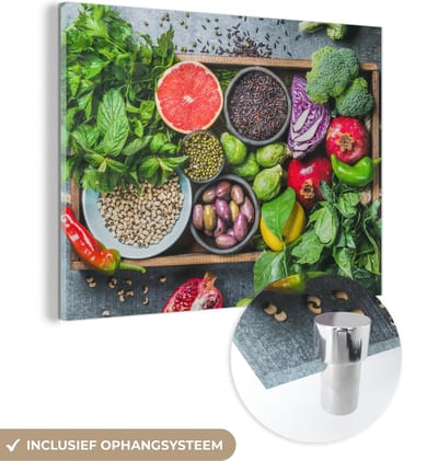 MuchoWow® Glasschilderij 120x90 cm - Schilderij acrylglas - Kist - Fruit - Gezond - Foto op glas - Schilderijen