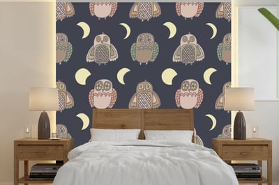 Behang - Fotobehang Uil - Patronen - Maan - Breedte 240 cm x hoogte 240 cm