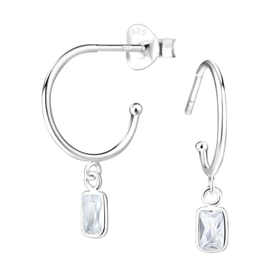 Joy|S - Zilveren oorringen stud - baguette bedel - zirkonia