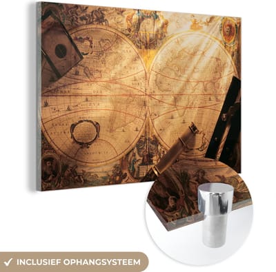 ® Glasschilderij 120x80 cm - Schilderij acrylglas - Ouderwetse wereldkaart met navigatiemateriaal - Foto op glas - Muurdecoratie woonkamer - Wanddecoratie slaapkamer - Schilderijen