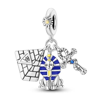 Fler® | Bedel | Past op populaire bedelarmbanden (standaard - 3mm) | 3delige Egyptische Piramide & Sfinx Bedel | Hangbedel Charm | 925 sterling zilver | Gele & Blauwe zirkonia | Gele, Blauwe & Zwarte emaille | Armband Kraal | Valentijnsdag Cadeau