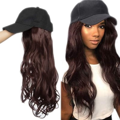 Langgolvende Haarextensions van 16 Inch met Zwarte Baseballpet - Synthetisch Haarstuk voor Vrouwen, Perfect voor Feestjes en Dagelijks Gebruik - Wijnrood