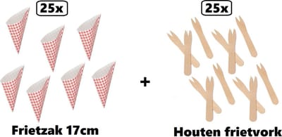 25x Frietzak Boerenbont 17cm papier + 25x houten XL frietvorkje 140mm - Geleverd in doosje , niet in envelop ivm beschadiging