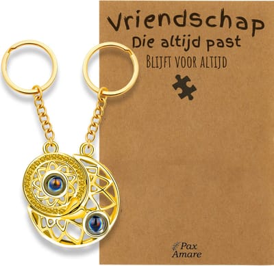 BFF Sleutelhanger voor 2 'Vriendschap die altijd past' - Rondjes ILY IN 100 TALEN - Sleutelhanger set op Cadeau Kaartje - Goudkleurig - Vriendschap Symbool - Pax Amare