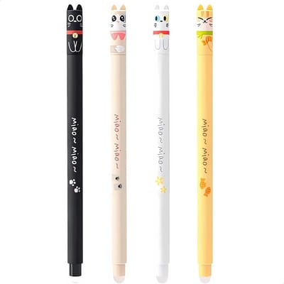 Ainy Kawaii Katten dieren uitwisbare pen set | 4 uitgumbare pennen voor etui , pennenzak of pennenbak | Zwarte inkt | Schattige kitten design | Ideale manga anime teken balpennen | Uitgumbare gelpennen schrijfwarenset voor kinderen en volwassenen
