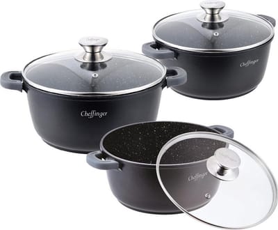 Cheffinger Pannenset 6-delig - Inductie - met Deksels - Zwart - Koudgrepen - Ø20, 24 & 28 cm