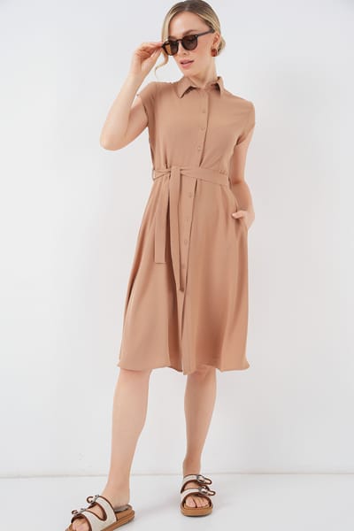 Geknoopte Overhemdkraag A-Model Midi Jurk met Binddetails