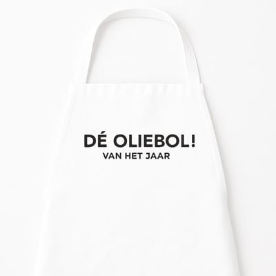 Kerst keukenschort - keukenschort oud & nieuw “De Oliebol van het Jaar” - Grappige kookschort - One Size - Verstelbaar - Wit - Origineel feestdagen cadeau