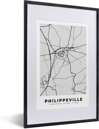 Fotolijst incl. Poster Zwart Wit- Kaart – Plattegrond – Stadskaart – Philippeville – België – Zwart Wit - 40x60 cm - Posterlijst