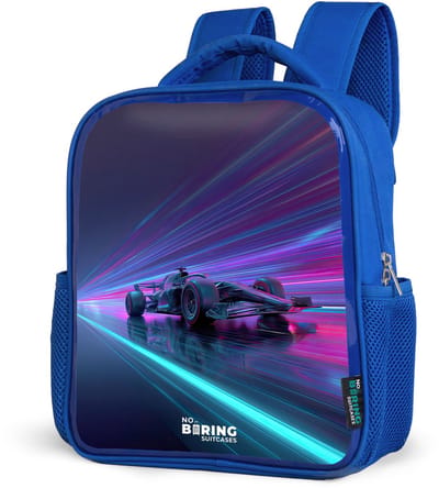 NoBoringSuitcases.com® - Rugzak blauw - Schooltas jongens - Neon - Raceauto - Lichtstrepen - Paars - Kinder rugtas jongen - Boekentas kind - Kinderrugzak voor school - Schoolrugzak
