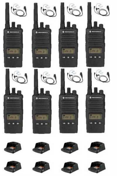 Set van 8 Motorola XT460 IP55 PMR446 met beveiliging oortje M1 2-Pins en tafellader