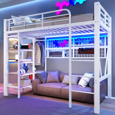 Sweiko Hoogslaper - 90 x 200 cm - Metalen frame - Met kledingstang - LED verlichting - Opbergplank - Wit