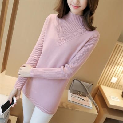 Koreaanse Trui Dames Halve Col Pullover Middellange Gebreide Trui Dames Knitwear Effen Kleur Dikke Jumper Trui Herfst en Winter S
