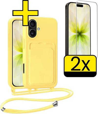 Hoesje Geschikt voor iPhone 17 Telefoonhoesje Met Koord Case Pashouder Met 2x Screenprotector Siliconen - Hoes Geschikt voor iPhone 17 Hoesje Met Kaarthouder - Geel
