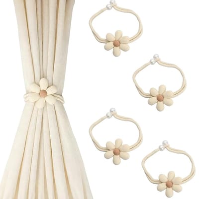 Dailygoods- Gordijnhouder 4 Stuks - Katoen/Touwgesp - Bloemen - Gordijnbinder - Decoratief - Verstelbaar 50 cm - Gordijnbinders