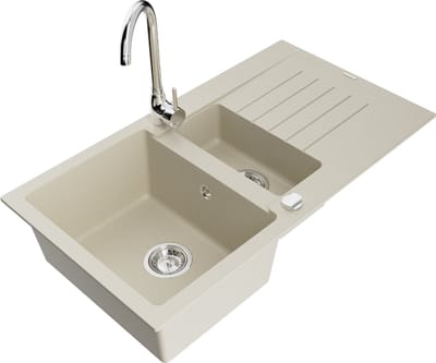 Mexen Matias granieten gootsteen 1,5-kamer met afdruiprek en keukenkraan Telma, beige - 6502-69-670200-00