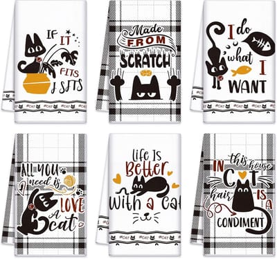 Set van 6 Zwarte Kat Keukenhanddoeken - Decoratieve en Absorberende Vaatdoeken met Lus