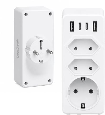 Travelhawk Verdeelstekker - 2x USB-C & 2x USB-A - 4000W Stopcontact Splitter - Verticaal - 7 uitgangen - Geaarde Stekker - Snellader - Wit