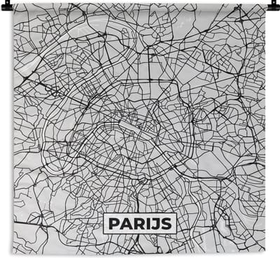 Wandkleed - Wanddoek - Parijs - Stadskaart - Zwart Wit - Plattegrond - Kaart - 180x180 cm - Wandtapijt