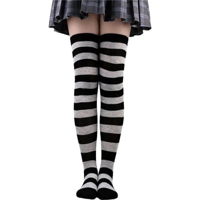 Bas autofixants Rayés Femmes Filles Noir Blanc Rose Longs Au-dessus du Genou Chaussettes Femboy Cosplay Lolita Harajuku Y2K One Size black
