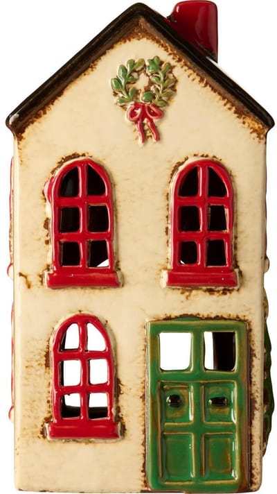 Ib Laursen - Keramieken huisje / kersthuisje - Wit met groene deur en kerstkrans - waxinelichthouder