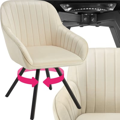 tectake® - Draaibare eetkamerstoel met armleuningen - Ergonomische kuipstoel met fluwelen bekleding - Gewatteerd - Draaistoel voor woonkamer, eettafel, studeerkamer, kaptafel en keuken - Crème